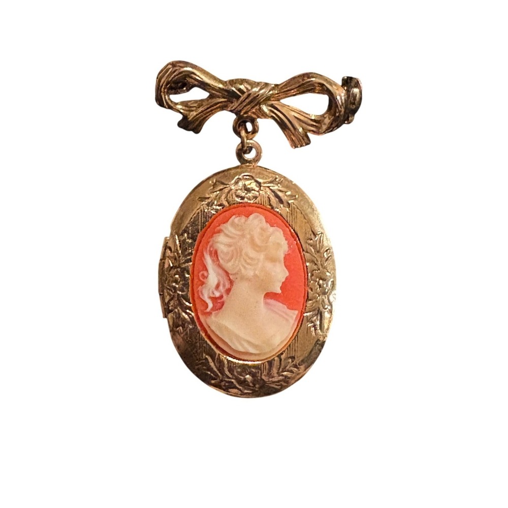 Vintage Gold Tone Cameo Locket Brooch Bow Pin Coral Pink Portrait Pendant